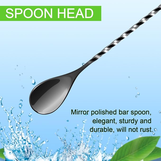 Bar Spoon Cocktail Mixing Stirrers,2Pcs,12” with Trident Fork, Black | 18/8 Stainless Steel, Double Ended Design, Long Drink Spoons, Trident Fork, for Stirring Coffee & Cocktails