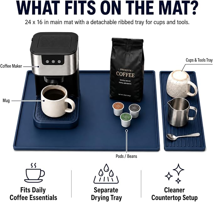 Silicone Coffee Mat 24 x 16 in with Tray, Deep Sea Blue | Coffee bar mat for countertop use, coffee station mat or coffee machine mat with removable tray and 0.47 in raised rim.
