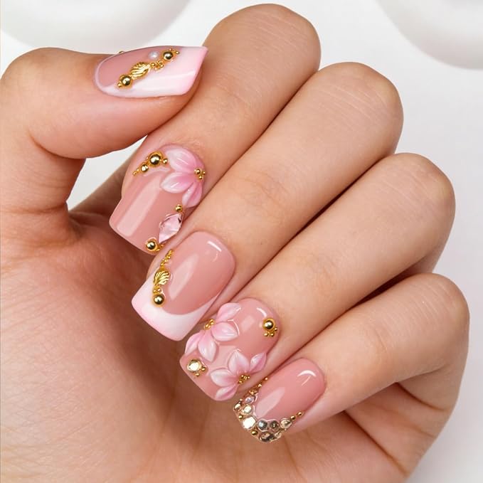 10 Pcs Flower Press on Nails Handmade Short Fake Nails 3D Pink White Flower Designs Rhinestone French Tips False Nails Press ons with Charms Designs Thick Square Acrylic Stick on Nail for Women (M)