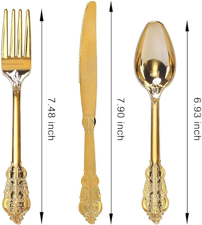 300 Pieces Gold Plastic Silverware Disposable - Heavy Duty Plastic Cutlery - Gold Silverware Sets Includes 100 Forks, 100 Spoons, 100 Knives for Baby Shower/Wedding/Birthday/Party