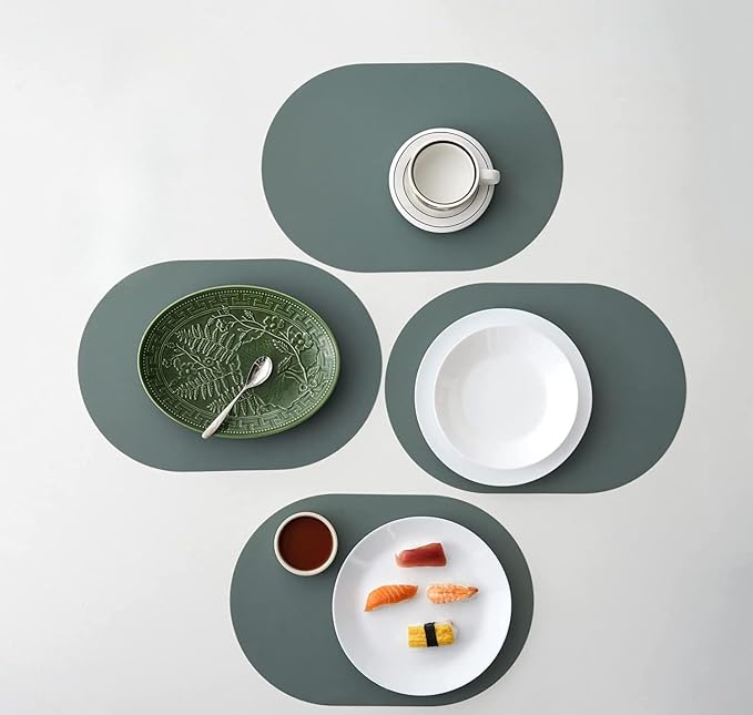 Sage Green Oval Silicone Placemats Set of 4 – Heat Resistant, Waterproof, Easy to Clean Non-Slip Modern Dining Table Mats – Premium Leather Textured Japandi Kitchen Decor