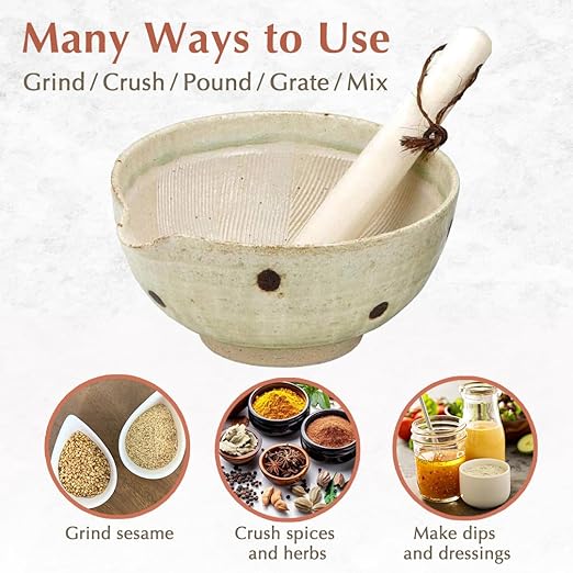 Japanese Ceramic Ripple Ridge Mortar & Pestle Suribachi Bowl and Surikogi Set with Spout 7.1 inches Made in Japan (White)