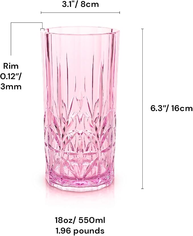 BELLAFORTE Shatterproof Tritan Tall Tumbler, Set of 4, 18oz - Myrtle Beach Drinking Glasses - Unbreakable Plastic Drinking Glasses for Gifting, Parties, New Year - BPA Free - Dishwasher Safe - Pink