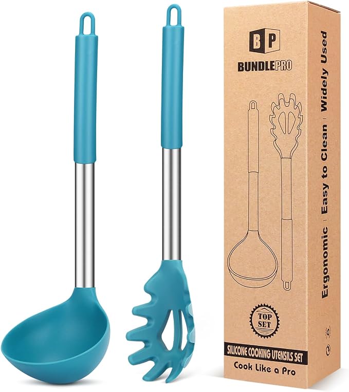 BUNDLEPRO Silicone Pasta Fork and Ladle Spoon Set, 2 Pack, BLUE | Large Non Stick, High Heat Resistant Kitchen Utensils for Cooking,Stirring,Serving Spaghetti, Soup, Sauce