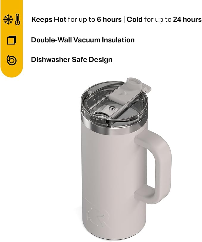 RTIC 16oz Road Trip Travel Mug with Lid and Handle, Ceramic Lined, Insulated, Stainless Steel, Metal, Double Wall Vacuum-Insulation, Portable Coffee, Tea Cup for Hot and Cold Drink, Cool Grey