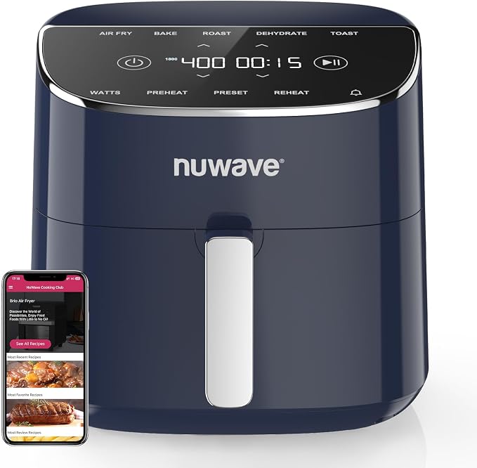 Nuwave Brio Plus Air Fryer 8 Qt, New & Improved, PFAS-Free Ceramic Coating | 7 Digital One-Touch Modes: Air Fry/Bake/Roast/Dehydrate/Toast/Reheat/Preheat; 150 Presets; 50–400°F; 700/1500/1800W; DeepBlue