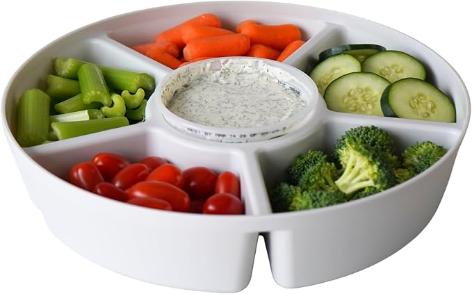 Heavy-Duty Divided Serving Tray with Leakproof Lid - 6 Divided Compartments to Serve & Store Food, Fruit Tray, Veggie Tray, Party Platters - Made In USA (White Tray/Clear Lid)