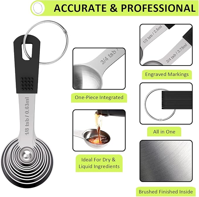 Wildone Stainless Steel 18-Piece Measuring Cups and Spoons Set | Stainless Steel Kitchen Gadgets for Cooking & Baking, Heavy Duty for Measuring Dry/Liquid Ingredients, Black