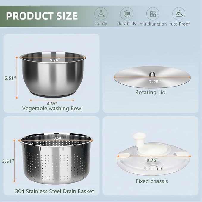 6L-Stainless Steel Salad Rotator, Non-Slip Base, Vegetable Dishwasher, Multi-Use Lettuce Spinner, Kitchen Strainers.