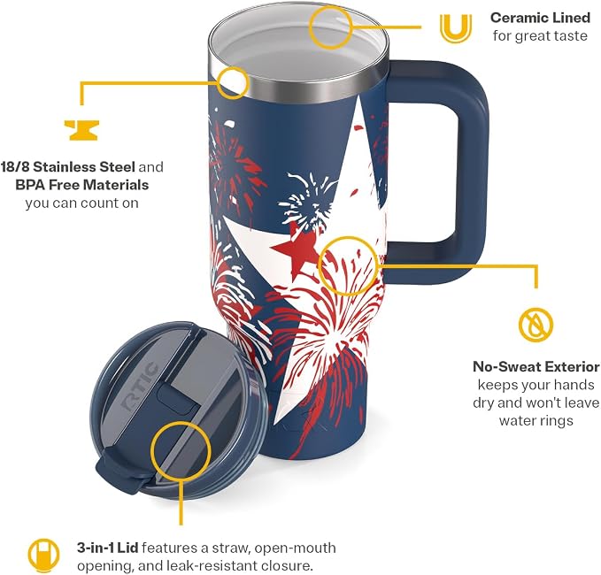 RTIC 30 oz Road Trip Tumbler Double-Walled Ceramic Lined InsulatedStainless Steel Portable Travel Coffee Mug Cup with Lid, Handle and Straw, Fireworks