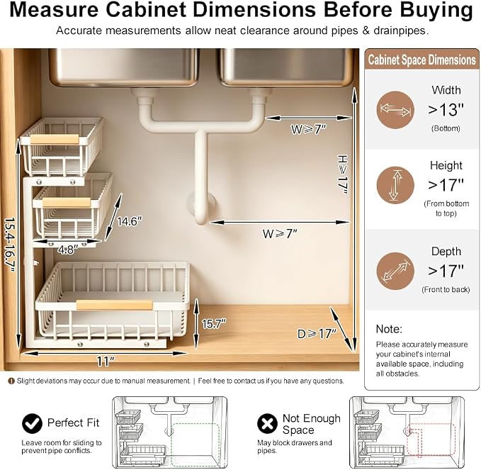 Under Sink Organizer, 3-tier Under Sink Storage Organizer Adjustable Height Easy Assembly Pull Out Cabinet Organizers Basket for Bathroom Kitchen Pantry Home Organization