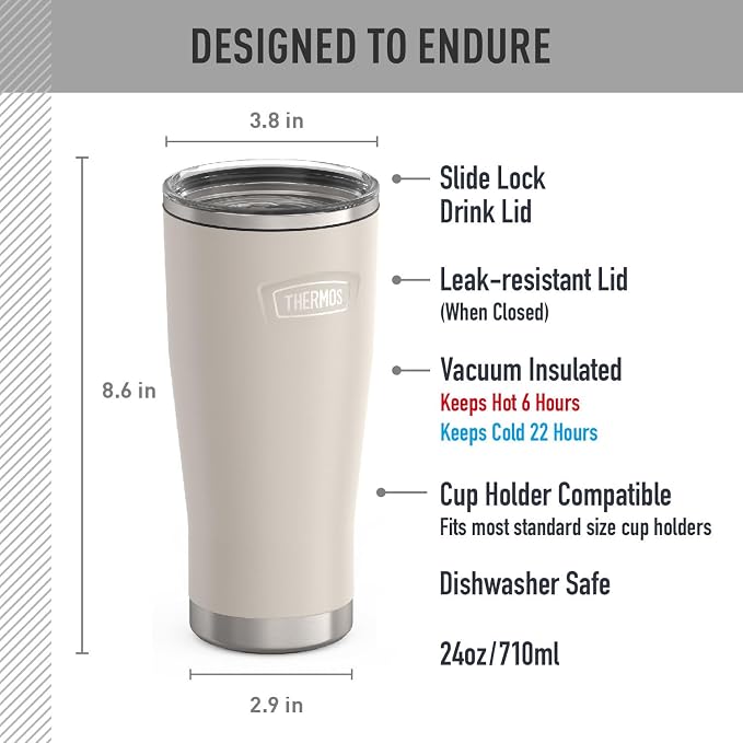 THERMOS Icon Series 24oz Stainless Steel Tumbler with Slide Lock Lid, Leakproof, Fits Cupholder, Dishwasher Safe, Griptec™ Non‑Slip Base, Keeps Drinks Hot 6 Hrs/Cold 22 Hrs, Sandstone