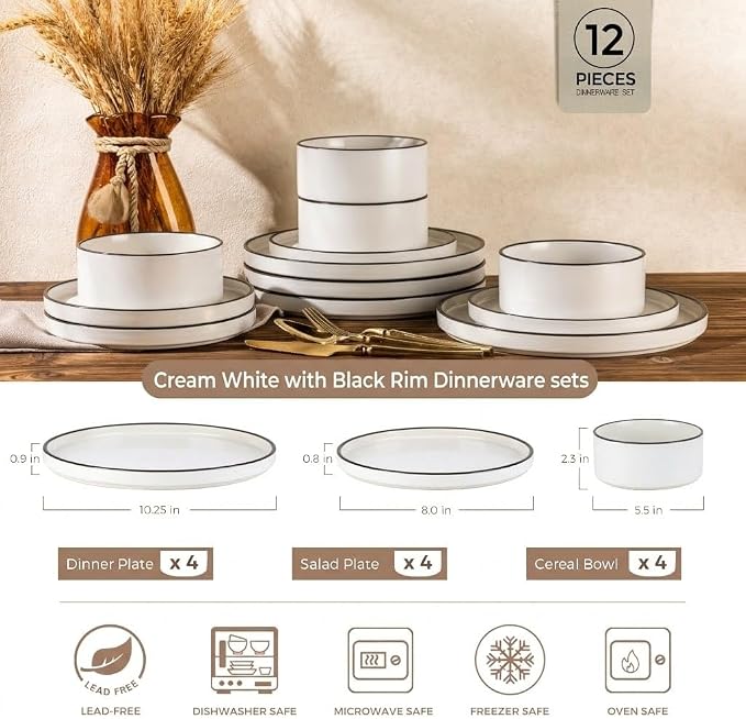 LERATIO Stoneware Dinnerware Sets for 4,12-Piece Matte Plates and Bowls Set | Handmade High Edge Rim Dish Set,Oven & Microwave,Dishwasher Safe,Scratch Resistant-Creamly White