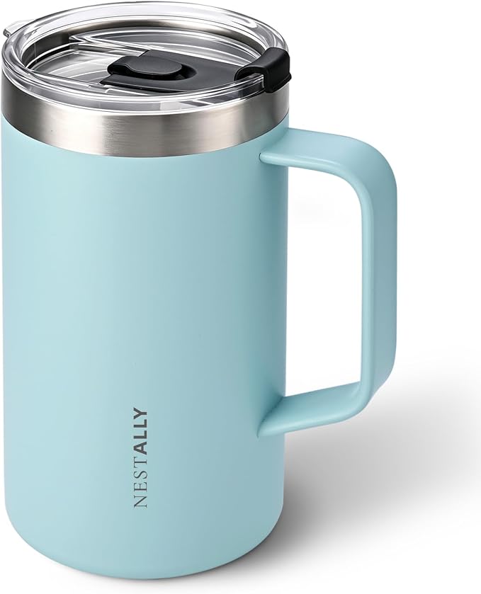 NESTALLY Cozy 20oz Insulated Coffee Mug with Handle & Lid, Mint Green | Stainless Steel Double Wall Vacuum Travel Mug for Hot & Cold Drinks, Reusable Coffee Tumbler, Non-Slip Base, BPA-Free