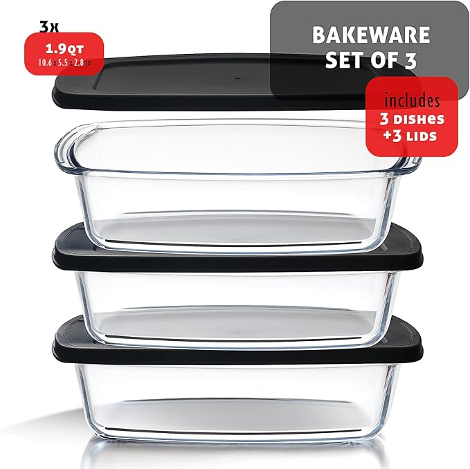 EATEX Glass Bread Pans for Homemade Bread Baking, 1.9 Qt Deep Glass Food Storage Containers with Lids, 3 Bread Loaf Pans 3 Airtight Lids