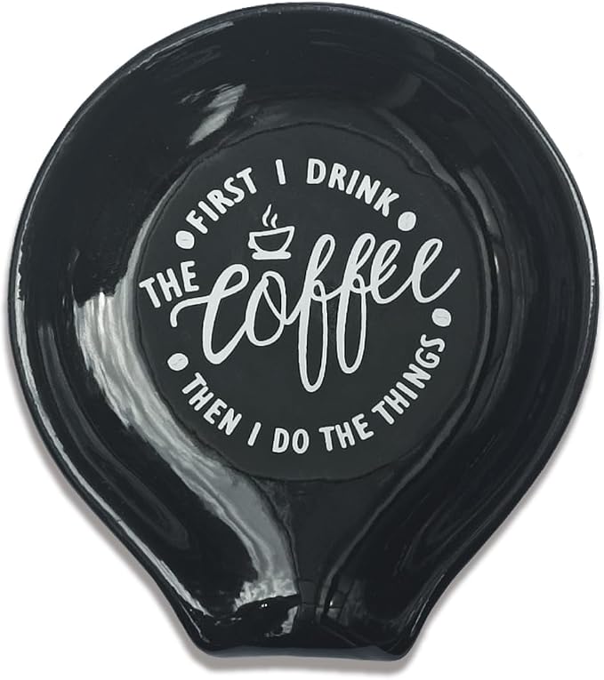 Littlefa Black Coffee Spoon Rest Holder-Coffee Bar Accessories | Funny Ceramic Coffee Spoon Rest for Coffee Bar Accessories Essentials, Coffee Lovers Gifts, But First I Drink Sign