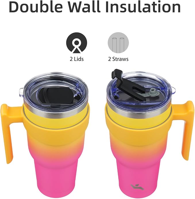 Konokyo 30 oz Tumbler with Handle and Straw, Insulated Travel Mug | Rainbow; BPA-free, leak-proof tumbler with 2 lids, 2 straws, cup holder fit for coffee, office, travel & daily use