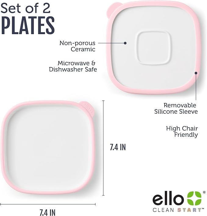 Ello Clean Start Ceramic Toddler Plates with Sleeves, 2 Pack, Cashmere Pink/Dune