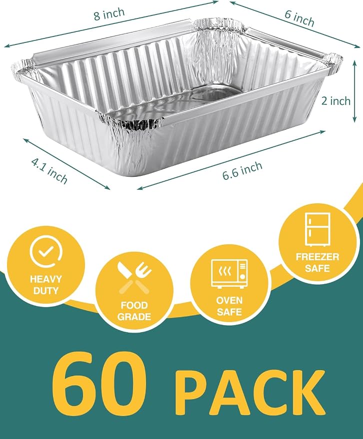 NEEBAKE 60 Pack 8x6 Disposable Aluminum Pans Aluminum-Foil-Pans-Tin-Foil-Baking-Pans-Tin-Trays-Food-Containers-for-Meal-Prep-Cooking-Roasting-Heating
