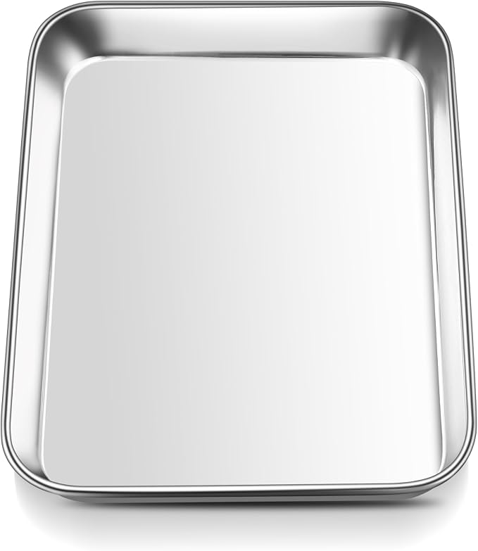 E-far Mini Toaster Oven Tray, 9.4”x7.3” Stainless Steel Baking Cookie Sheet | Small Non-toxic Metal Baking Pan for Cake Cookies, Rust Free & Warp Free, Mirror Finish & Dishwasher Safe