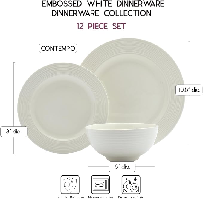 Tabletops Gallery Embossed Bone White Porcelain Round Dinnerware Collection- Chip Resistant Scratch Resistant, Contempo 12 Piece Dinnerware Set (Dinner Plate, Salad Plate, Cereal Bowl)