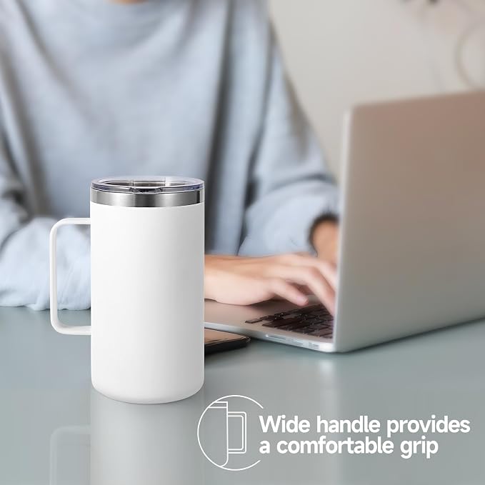 Volhoply 22oz Insulated Stainless Steel Coffee Mugs with Leakproof Lid Bulk 2 Pack,Double Wall Vacuum Travel Coffee Cup with Handle,Reusable Metal Tumbler,Camping Mug Keep Hot&Cold(White,2)