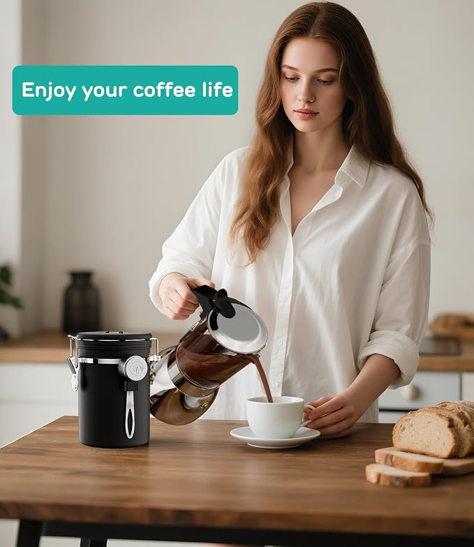 Coffee Gator Coffee Canister, 22oz Airtight Stainless Steel Container | w/ Date Tracker, Scoop, Valve, Kitchen Food Storage Jars for Beans, Ground, Rice, Tea, Sugar, Cookie, Bar Accessories, Black