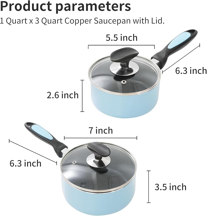 Nonstick Saucepan Set with Lid, Non Stick 1Qt & 2Qt Sauce Pan Set with Glass Lid Small Pot for Home Kitchen