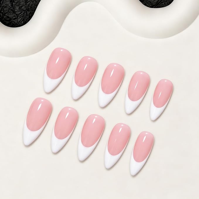 Luxury Handmade Press on Nails Medium Almond Fake Nails White French Tip False Nails Elegant Glossy Pink Stick on Nail Full Cover Muti-Layer Gel Thick Acrylic Nail for Women (M)