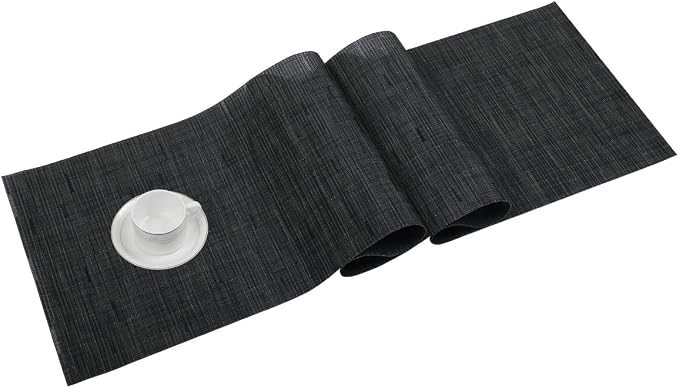 SHACOS Woven Vinyl Table Runner 12x54 inch Indoor Outdoor Table Mats Wipe Clean Plastic Runners for Dining Table Coffee Table Cabinet, Black