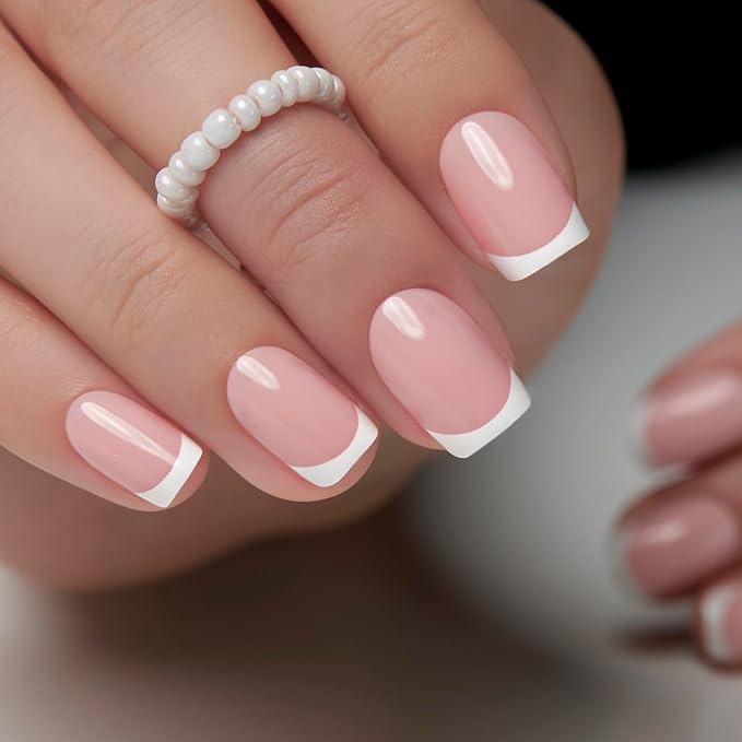 CurvLife Short Square French Tip Press On Nails, Classic, Soft Gel | 32PCS, 16 Sizes, Salon-Quality Natural Fake Nails, Curved Fit, 7-14 Day Glue-On Wear, Reusable Stick-On Nails, Press-On Kit