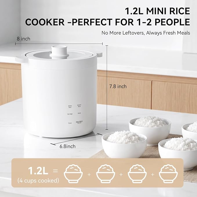 Mini Rice Cooker 2 Cup Uncooked, Small Electric Cooker, with 4 Cooking Functions, 24 Hour Preset and Heat Preservation, Anti Scald Carry Handle | Portable Rice Maker with 4 Cooking Functions, Nonstick Ceramic Coating, 24 Hour Preset, Auto Keep Warm for...