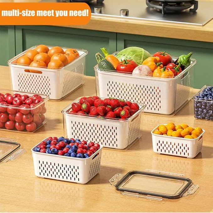 4 in 1 Food Storage Container, Fruit Storage Containers for Fridge, Produce Storage Containers with Lid and Strainer, Including Drain Basket, Multipurpose Large Fruit Containers for Fridge (L-White)
