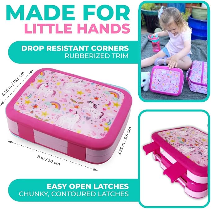 kinsho kids Bento Lunch Box Set with Thermo, Bag & Ice Pack, Pink Unicorn | 4 Compartments, Removable Tray, Small Meal or Snack Container for Girls Toddlers, Daycare & Pre-School, Steel Hot Food Jar