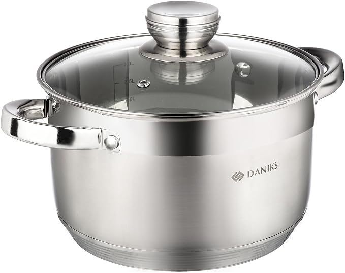 Daniks Standard 4 Quart Stainless Steel Stock Pot with Glass Lid, Tri-Ply Bottom for Even Heating, Induction Compatible, Dishwasher Safe, Built-In Measuring Scale, Silver