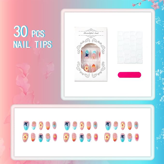 30Pcs Medium Almond Press On Nails Summer Beach Fake Nails with Hibiscus Flower, 3D Starfish & Seashell Wave Design French Tip Glue On Nails Cute Ocean False Nails for Women Vacation Party Manicure