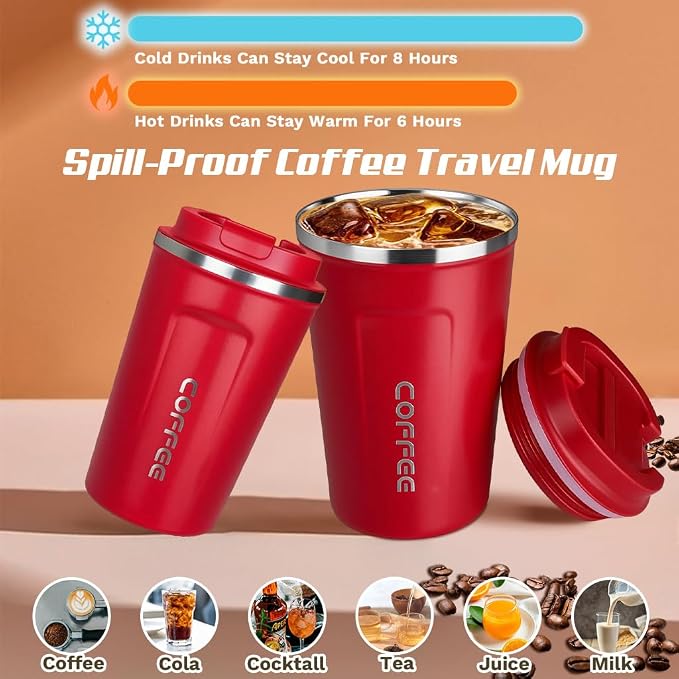 SPLMIFA Travel coffee mugs leak-proof, reusable coffee cup with lid, stainless steel vacuum insulated coffee tumblers, thermal insulation cups for men & women keep drinks hot & cold (2nd-Red, 12OZ)