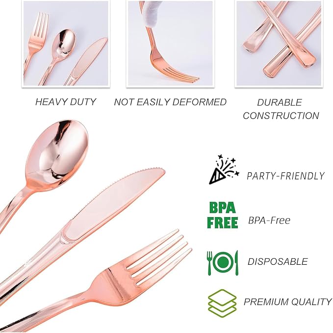 300PCS Rose Gold Plastic Silverware, Disposable Cutlery & Utensils | Heavy Duty Flatware, 100 Forks, 100 Spoons, 100 Knives, for Party, Wedding & Everyday Use