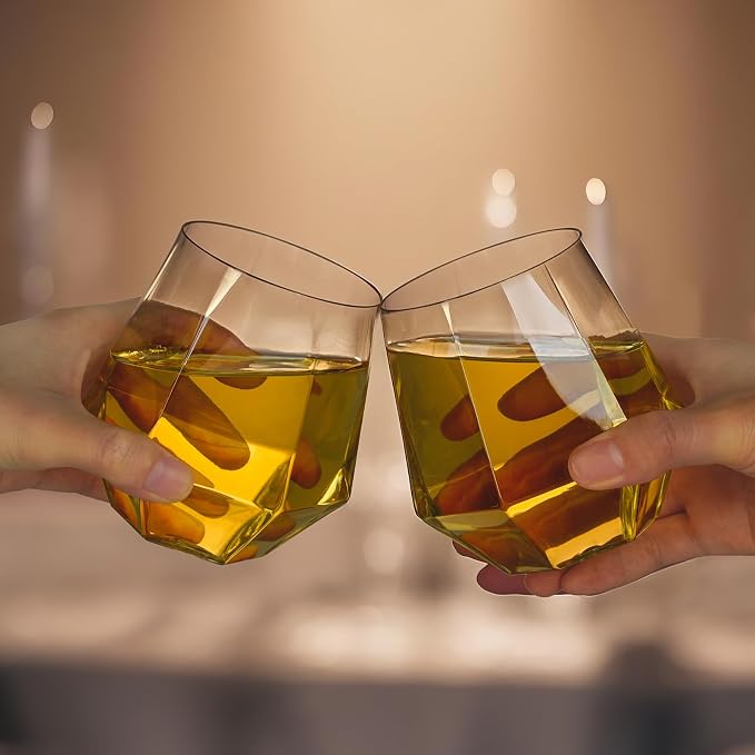Goodluck 40 PCS 12oz Diamond Stemless Clear Plastic Wine Whiskey Glasses | Disposable Cocktail Glasses, Suitable for Weddings, Birthday Parties, Family Gatherings, Bars, etc