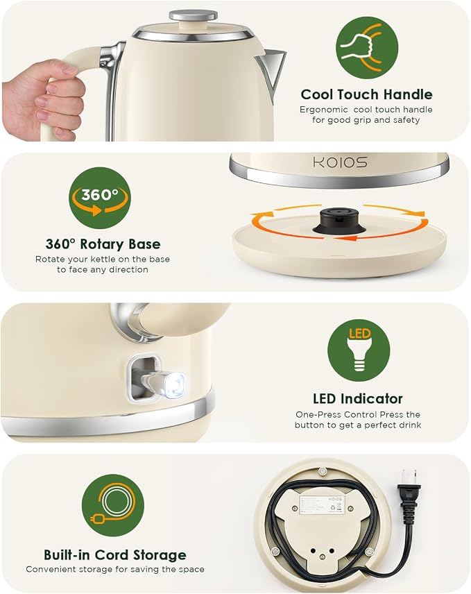Electric Kettle 1.8L with Temperature Gauge, 1500W Fast Boiling Electric Tea Kettle, 100% Stainless Steel Retro-Style Hot Water Kettle Electric - Glowing LED Light, Auto Shut-Off & Boil-Dry Protection
