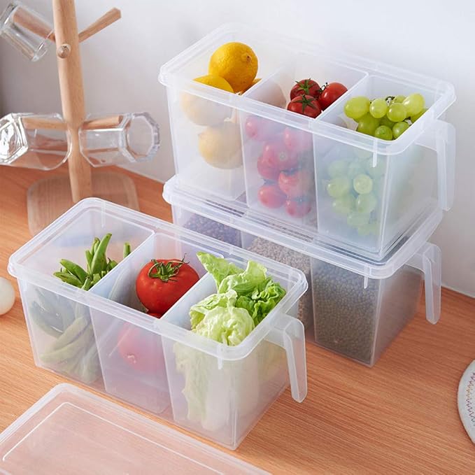 2 Pack Plastic Divided Veggie Storage Containers with Lids and Handles for Fridge Storage Organizer Boxes for Refrigerator Produce Beans Fruits Organzation