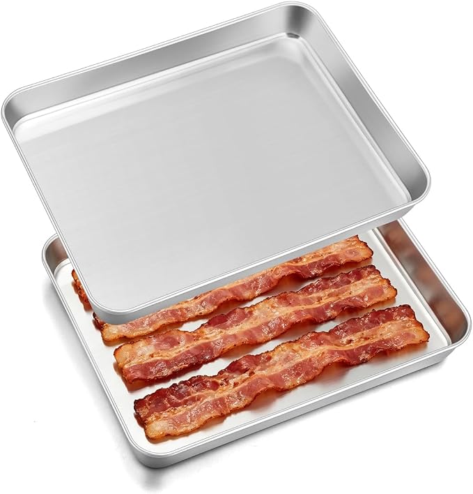 Leonyo Non-Toxic 9x7IN Small Stainless Steel Baking Sheet Pans, 2 Pack | Commercial-Grade Small Metal 1/8 Sheet Pan For Cookies Baking, 7x9IN Toaster Oven Baking Trays For Food, Dishwasher Safe