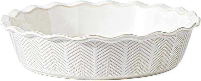 Deep Pie Dish for Baking, Ceramic Pie Pan for Apple Pie, Tart, Quiche Baking Dish, Farmhouse Decor Pie Plate, Deep Dish Pie Pan, Oven Safe, Off-White, Wave