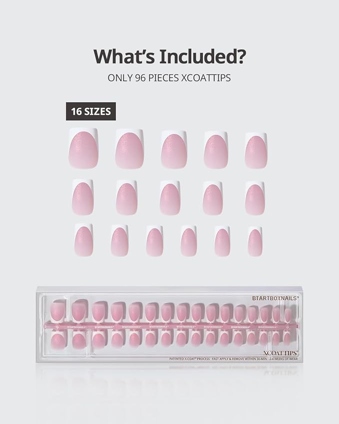 BTArtboxnails XCOATTIPS White French Tip Press On, S Square, Pink Glitter | Lamp-Curable 4-Week Wear, Salon Quality Value at Home, Natural Nail Look, Easy-to-Apply for Beginners, 96ct Nail Tips Only