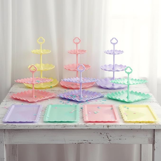 Pack of 11 NWK Cupcake Stand Set with Table Cloth (Colorful) | Includes 3 x 2-Tier & 3 x 3-Tier Cupcake Stands, 4 Appetizer Trays, Plus 1 Tablecloth. Ideal for Parties, Colorful Design