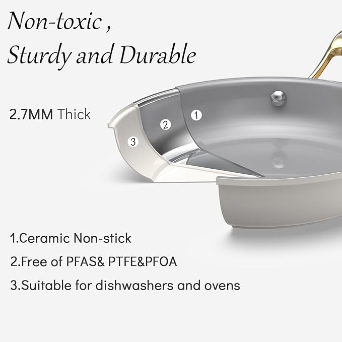 10-in-1 White Ceramic Nonstick Deep Saute Pan Set With Steamer & Lid, 4QT | 10''.PFAS-free frying pan.non-toxic.Induction ready. Oven safe to 480°F. Cool-touch handle. Dishwasher safe. Perfect for RVs!