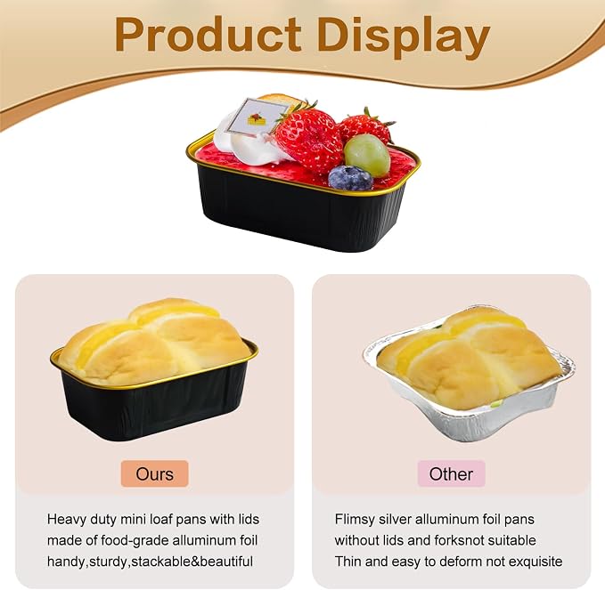 Mini Cake Pans With Lids And Spoons,5.5 oz Rectangle Mini individual Loaf Pans Disposable Aluminum Foil Small Baking Cups Tins (100, Black)