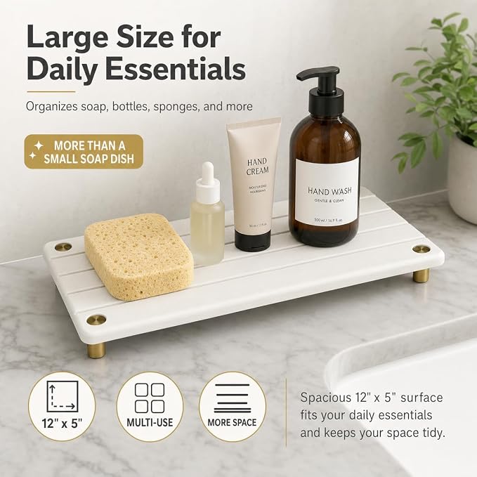 Instant Dry Sink Caddy Kitchen Sink Organizer, Quick Drying Stone Tray Diatomite Sponge Holder Soap Dish, Bathroom Countertop Fast Dry Water Absorbing Vanity Rack, Gold White, 12" x 5"
