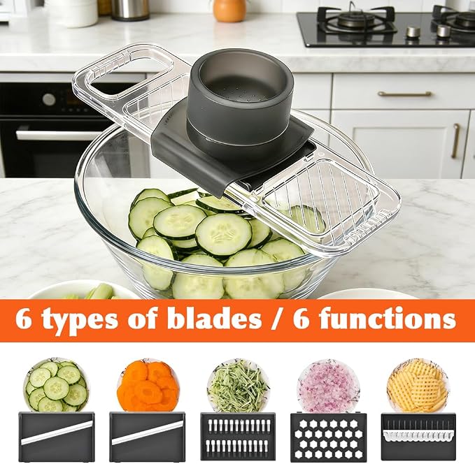 Multifunctional Mandoline Slicer with 6 Interchangeable Blades, Handheld Food Slicer with Safety Guard, Adjustable Stainless Steel Blade for Vegetable, Potato, Tomato, Onion