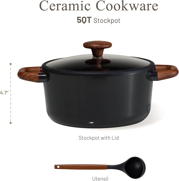 CAROTE 5QT Ceramic Stock Pot with Ladle, Nonstick Casserole with Lid, Even Heating Stockpot, Fits All Stoves, Non Stick Large Capacity Cooking Pots, PFAS Free, Black